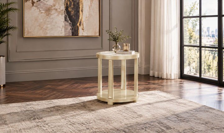 Klaussner Amarylis Round Glass Top End Table in Champagne Gold-Jennifer Furniture