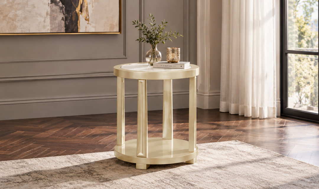 Klaussner Amarylis Round Glass Top End Table in Champagne Gold-Jennifer Furniture