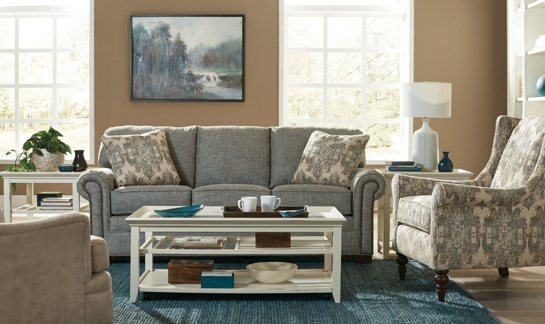 Klaussner Artisan Fabric Roll Arm Living Room Set with Nailhead Trim