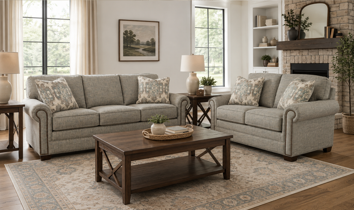 Klaussner Artisan Fabric Roll Arm Living Room Set with Nailhead Trim-Jennifer Furniture