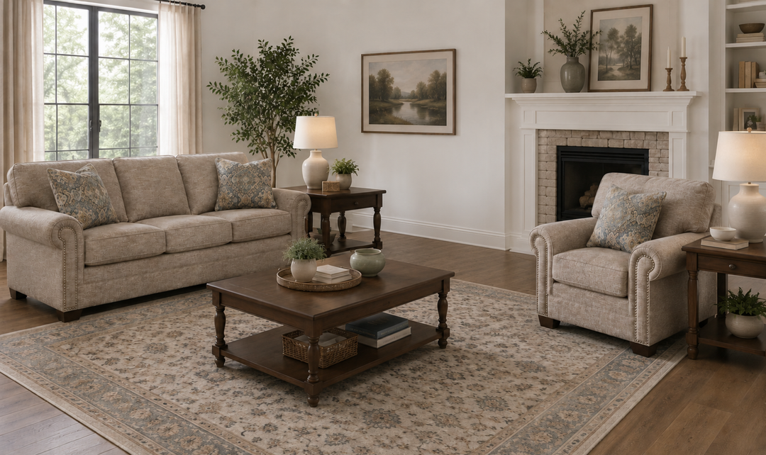 Klaussner Artisan Fabric Roll Arm Living Room Set with Nailhead Trim-Jennifer Furniture