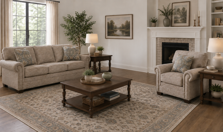Klaussner Artisan Fabric Roll Arm Living Room Set with Nailhead Trim-Jennifer Furniture
