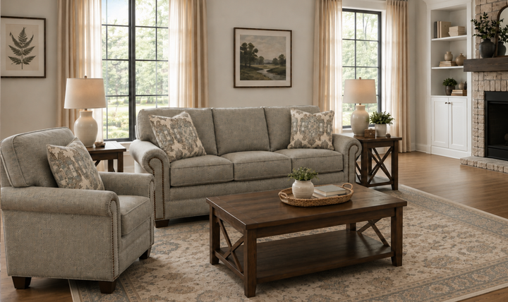 Klaussner Artisan Fabric Roll Arm Living Room Set with Nailhead Trim-Jennifer Furniture