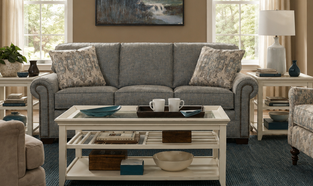 Klaussner Artisan Fabric Roll Arm Living Room Set with Nailhead Trim-Jennifer Furniture