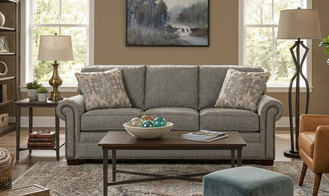 Klaussner Artisan Fabric Roll Arm Living Room Set with Nailhead Trim-Jennifer Furniture