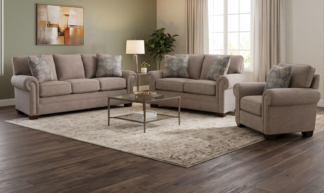Klaussner Artisan Fabric Roll Arm Living Room Set with Nailhead Trim-Jennifer Furniture