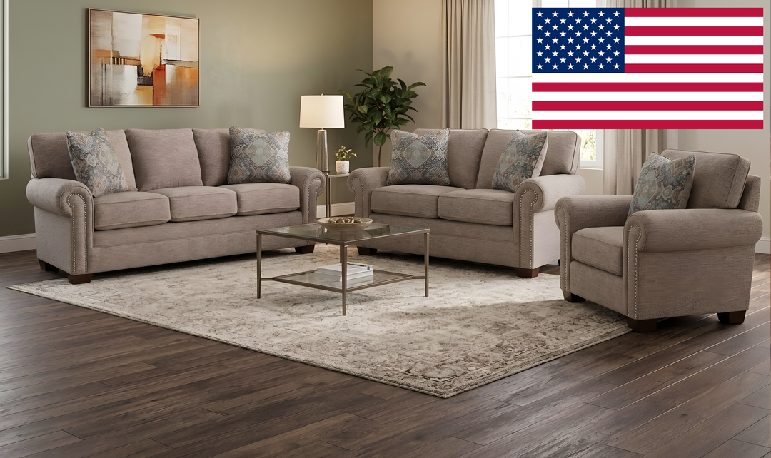 Klaussner Artisan Fabric Roll Arm Living Room Set with Nailhead Trim-Jennifer Furniture