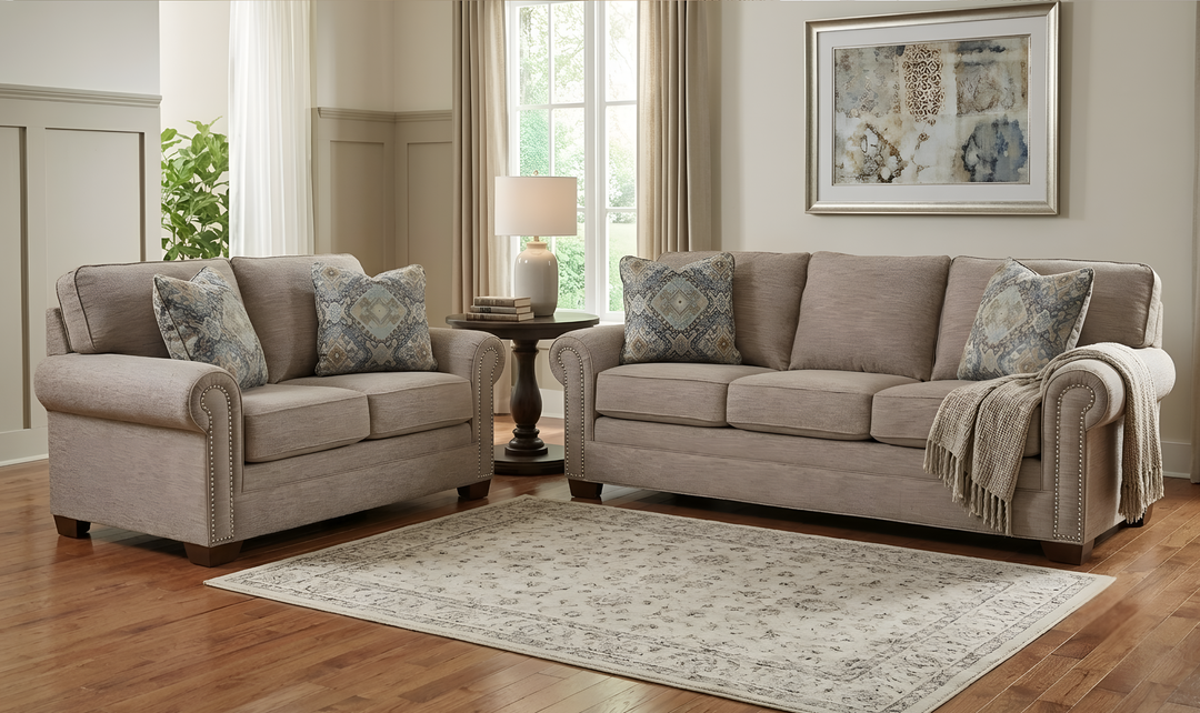 Klaussner Artisan Fabric Roll Arm Living Room Set with Nailhead Trim-Jennifer Furniture