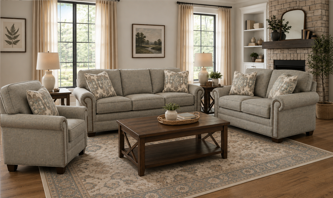 Klaussner Artisan Fabric Roll Arm Living Room Set with Nailhead Trim-Jennifer Furniture