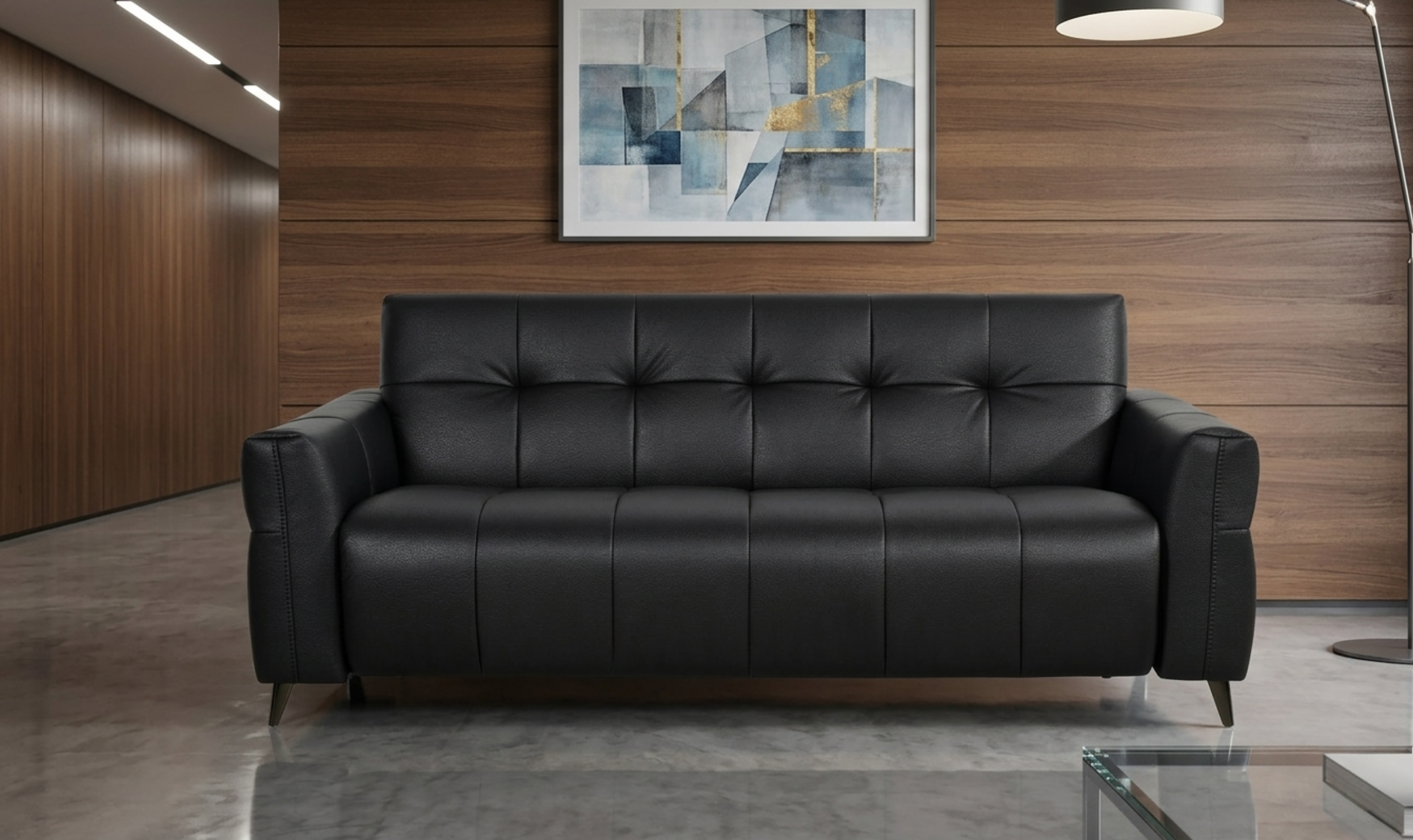 Klaussner Barrett Black Faux Leather Queen Sleeper Sofa with Padded Track Arms-Jennifer