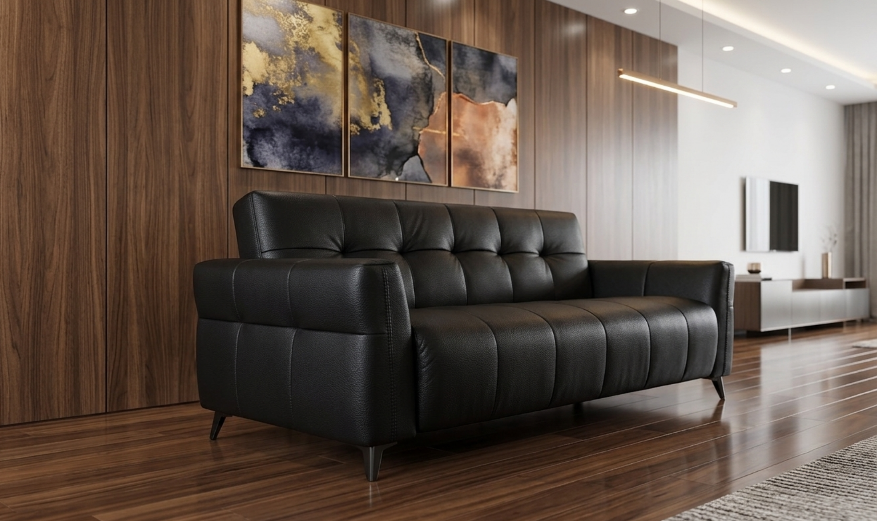 Klaussner Barrett Black Faux Leather Queen Sleeper Sofa with Padded Track Arms-Jennifer