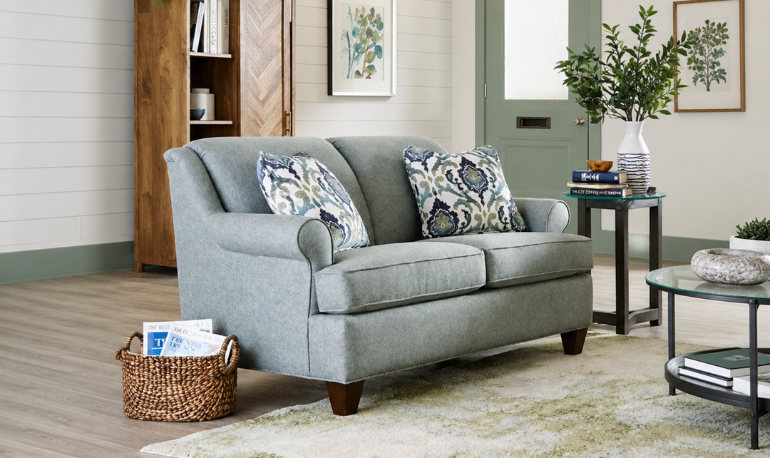 Klaussner Delmont Fabric Rolled Arm Sofa with Accent Pillows