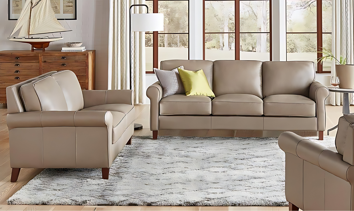 Hydeline Laguna Leather Living Room Set With Rolled Arms