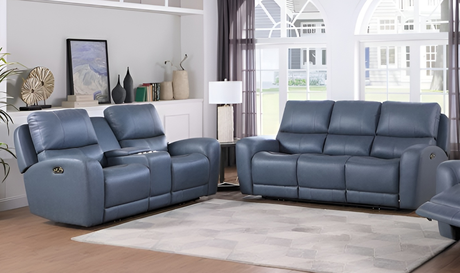 Leather Italia Bel Air Blue Power Leather Living Room Set-Jennifer Furniture