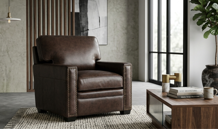 Leather Italia Dalton Brown Leather Chair with Nailhead Trim - Jennifer Furniture