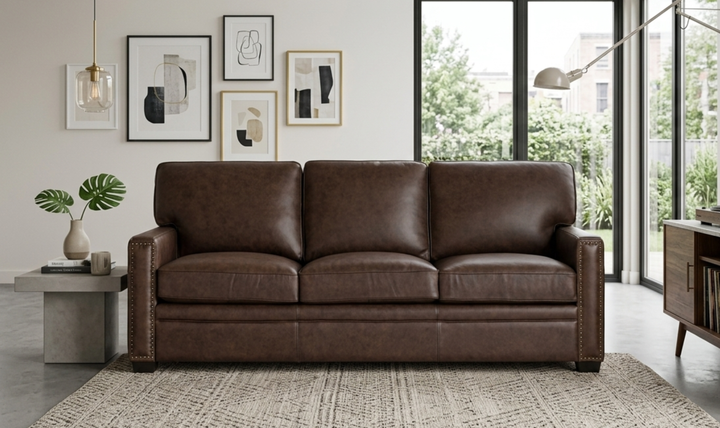Leather Italia Dalton Brown Leather Sofa with Nailhead Trim - Jennifer Furniture