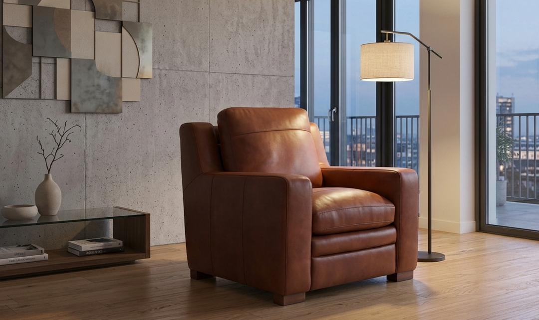 Leather Italia Finnley Brown Auburn Leather Chair With Track Arm-Jennifer