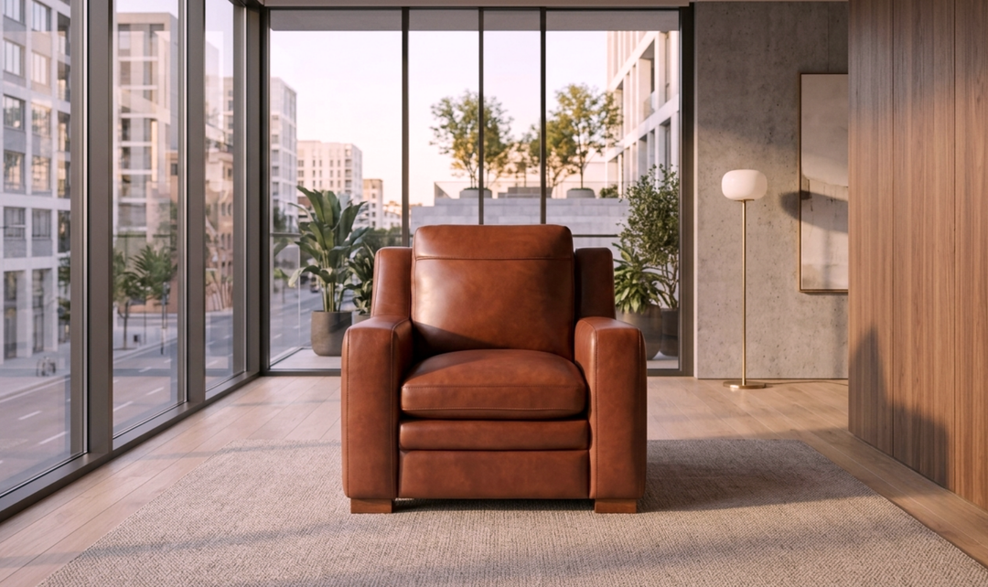 Leather Italia Finnley Brown Auburn Leather Chair With Track Arm-Jennifer