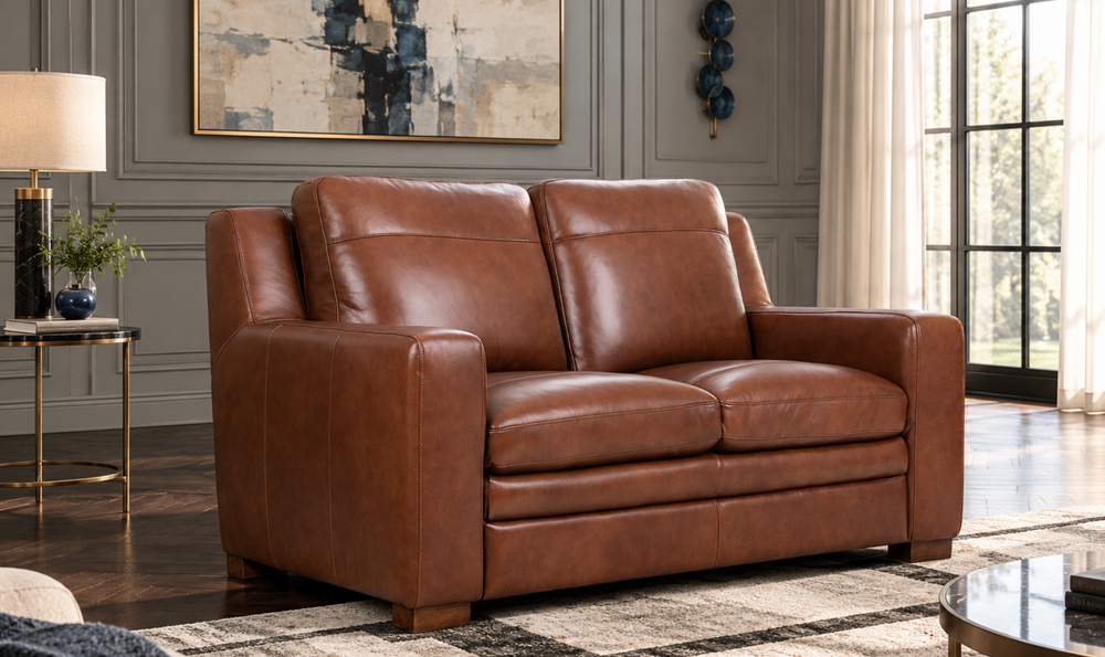 Leather Italia Finnley Brown Auburn Leather Loveseat With Track Arm-Jennifer Furniture