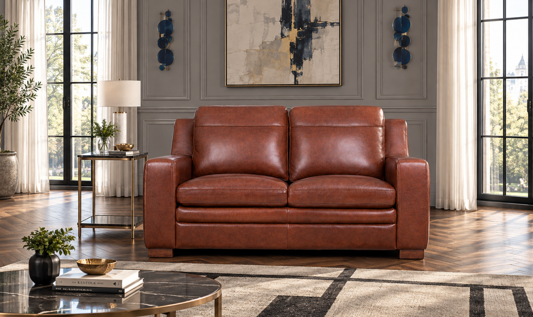 Leather Italia Finnley Brown Auburn Leather Loveseat With Track Arm-Jennifer Furniture