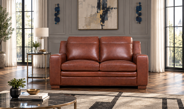 Leather Italia Finnley Brown Auburn Leather Loveseat With Track Arm-Jennifer Furniture