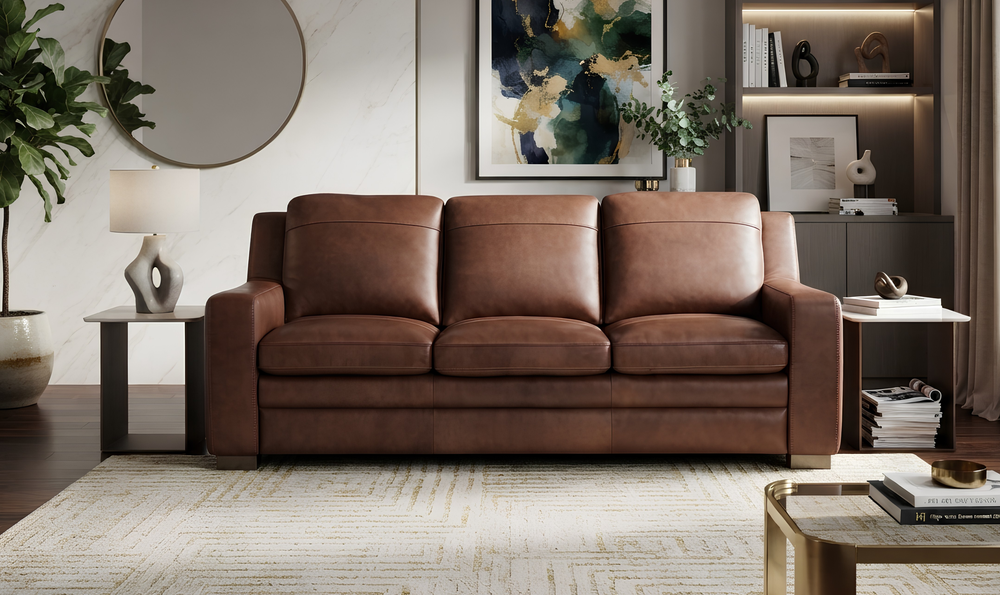 Leather Italia Finnley Brown Auburn Leather Sofa With Track Arm - Jennifer Furniture