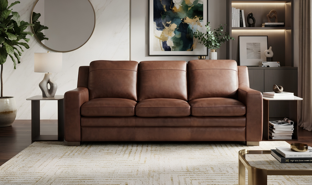 Leather Italia Finnley Brown Auburn Leather Sofa With Track Arm - Jennifer Furniture