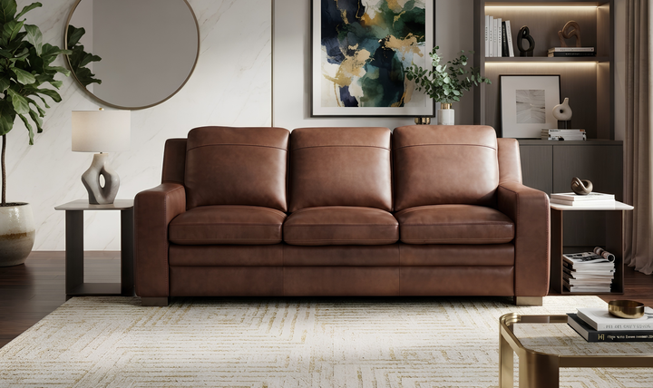 Leather Italia Finnley Brown Auburn Leather Sofa With Track Arm - Jennifer Furniture