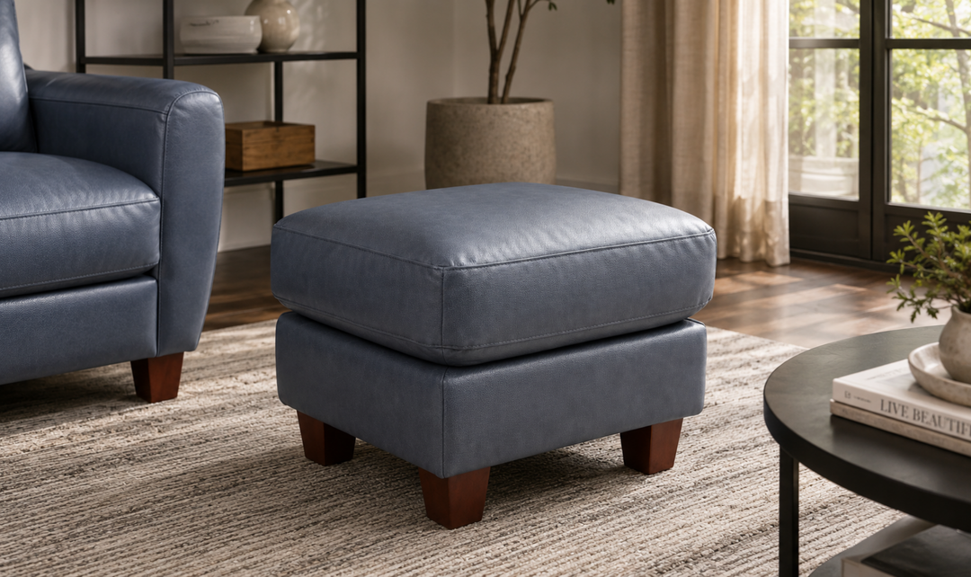 Leather Italia Traverse Grain Leather Ottoman in Blue- Jennifer Furniture