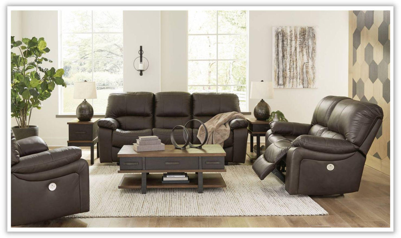 Leesworth Dark Brown Leather Power Recliner Living Room Set