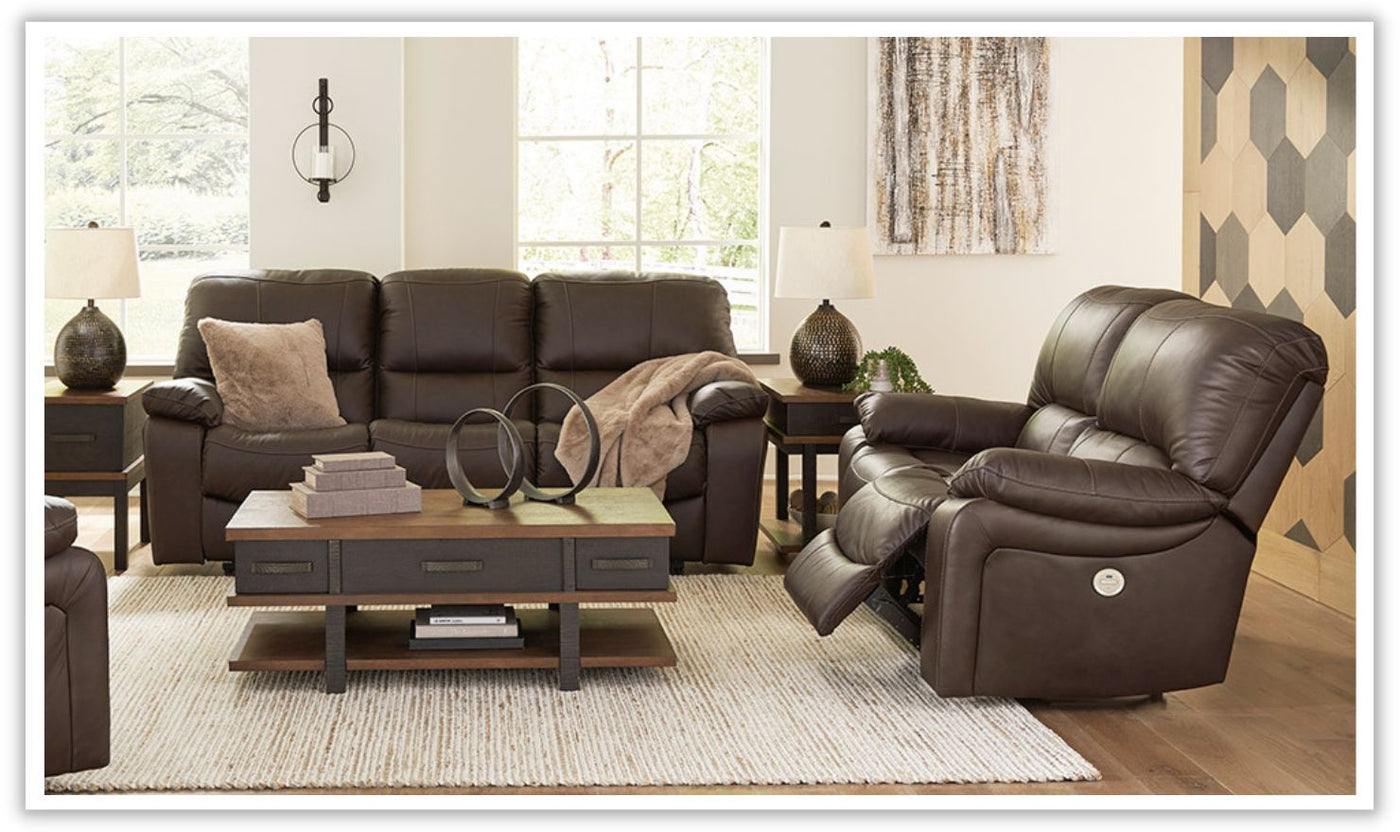 Leesworth Dark Brown Leather Power Recliner Living Room Set