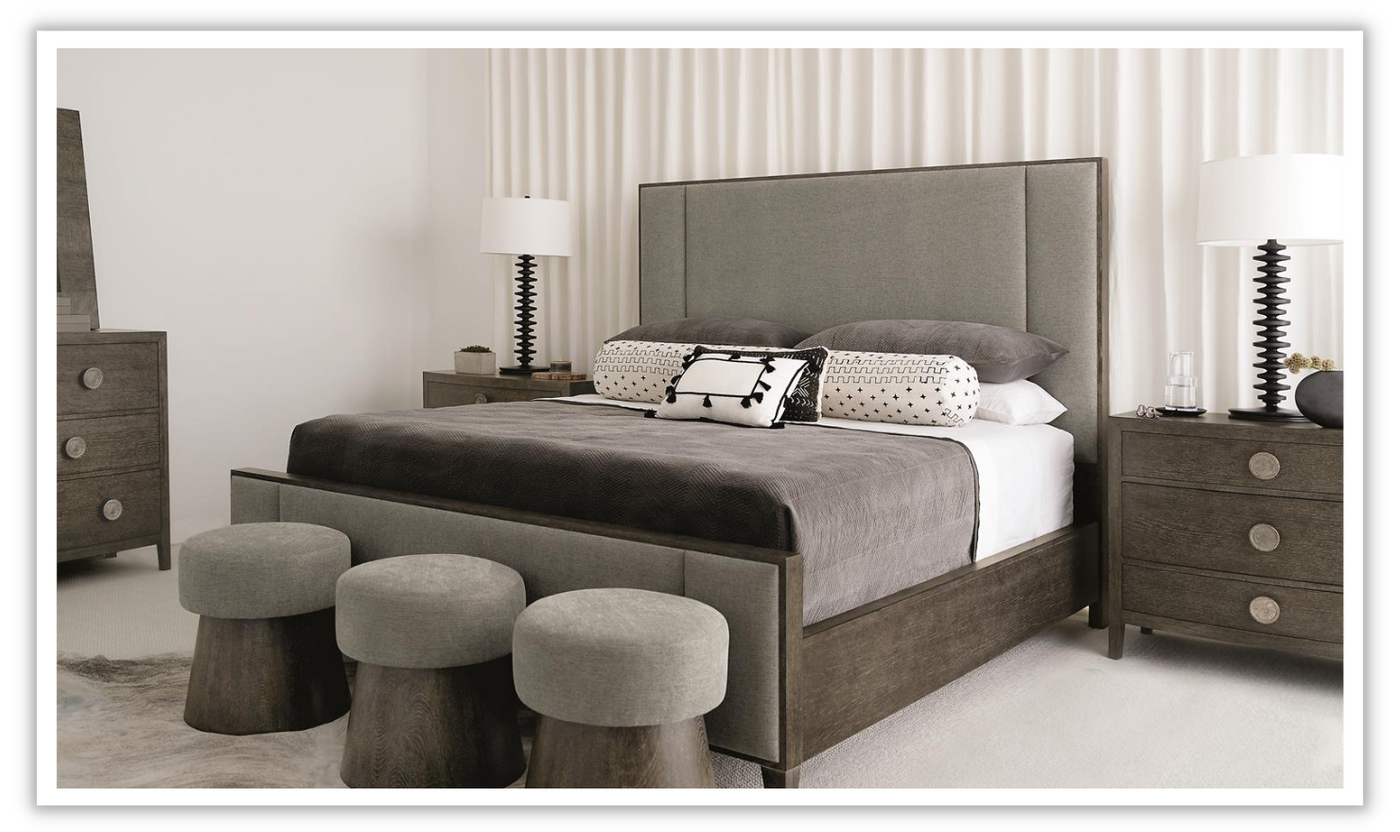 Bernhardt Linea Wood Panel Bed with Polyester Upholstery + Tapered Legs
