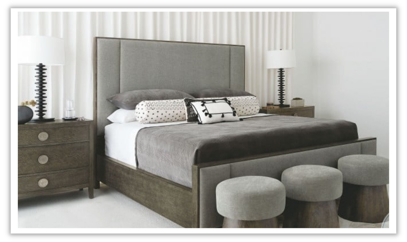 Linea Wood Panel Bed with Polyester Upholstery + Tapered Legs