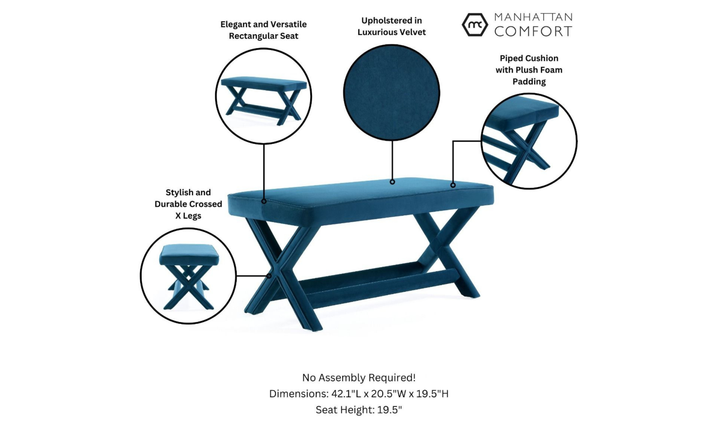 Manhattan Comfort Abigail Mid-Century Modern Velvet Upholstered Bench-Jennifer Furniture