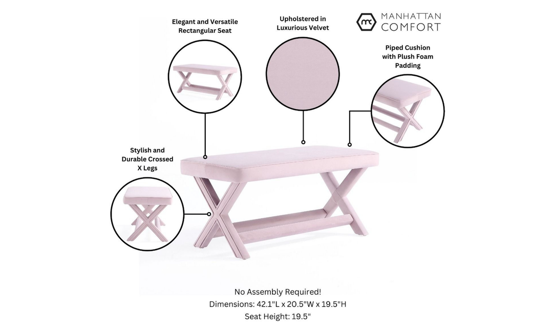 Manhattan Comfort Abigail Mid-Century Modern Velvet Upholstered Bench-Jennifer Furniture
