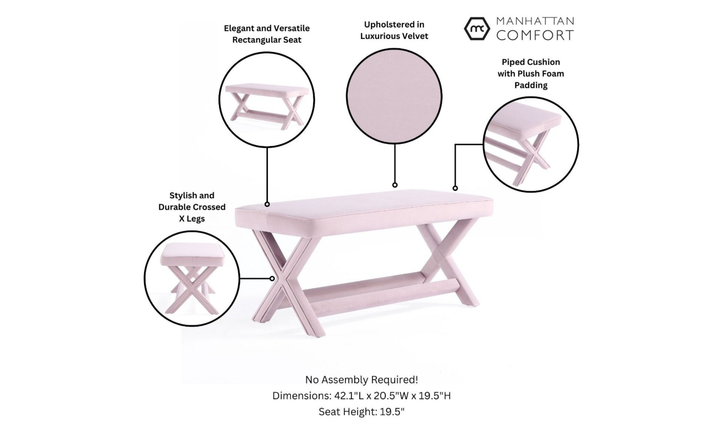 Manhattan Comfort Abigail Mid-Century Modern Velvet Upholstered Bench-Jennifer Furniture