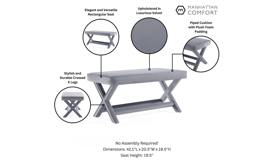 Manhattan Comfort Abigail Mid-Century Modern Velvet Upholstered Bench-Jennifer Furniture
