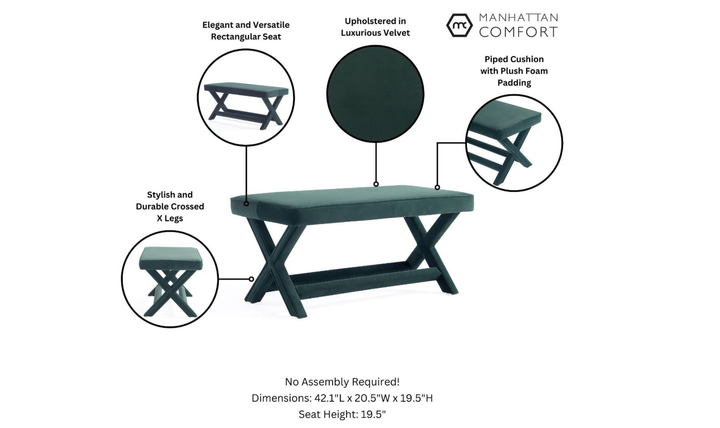 Manhattan Comfort Abigail Mid-Century Modern Velvet Upholstered Bench-Jennifer Furniture