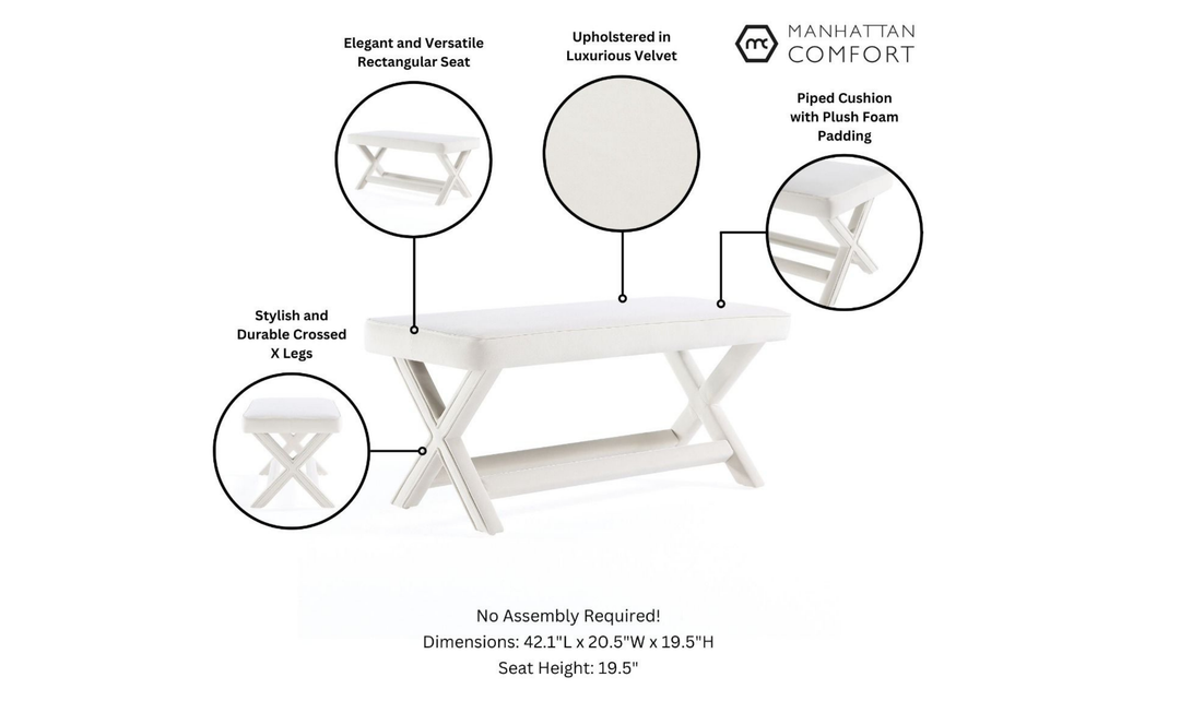 Manhattan Comfort Abigail Mid-Century Modern Velvet Upholstered Bench-Jennifer Furniture