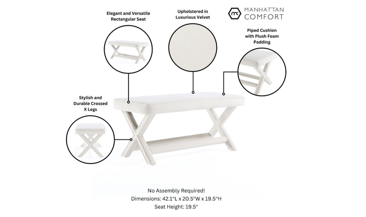 Manhattan Comfort Abigail Mid-Century Modern Velvet Upholstered Bench-Jennifer Furniture