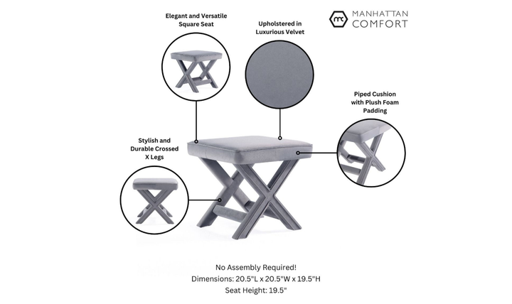 Manhattan Comfort Abigail Upholstered Velvet Accent Bench-Jennifer Furniture