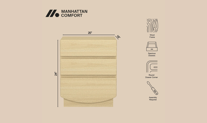 Manhattan Comfort Ardea Wooden Nightstand With Three Drawers-Jennifer Furniture