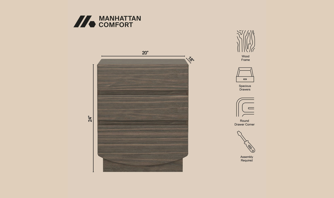 Manhattan Comfort Ardea Wooden Nightstand With Three Drawers-Jennifer Furniture