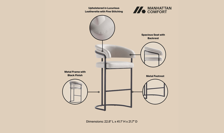 Manhattan Comfort Augusta Metal Upholstered Barstool-Jennifer Furniture