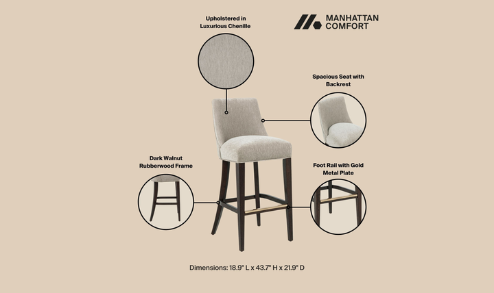 Manhattan Comfort Beever Wood Upholstered Chenille Barstool-Jennifer Furniture