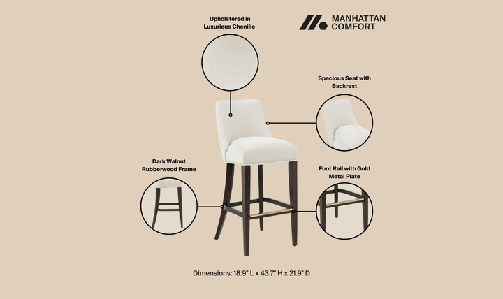 Manhattan Comfort Beever Wood Upholstered Chenille Barstool-Jennifer Furniture