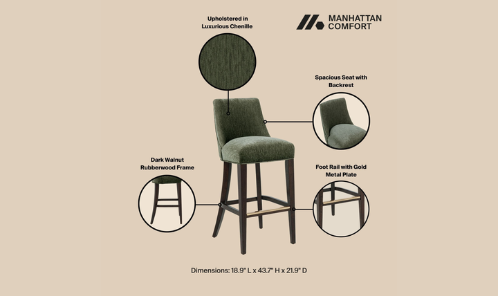 Manhattan Comfort Beever Wood Upholstered Chenille Barstool-Jennifer Furniture
