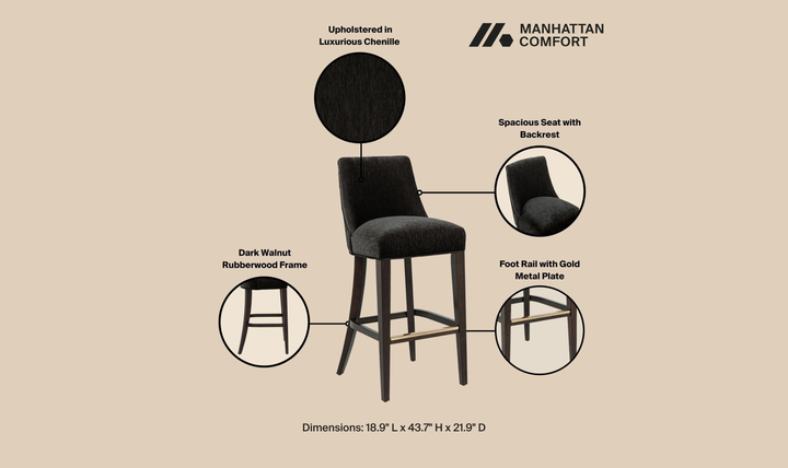 Manhattan Comfort Beever Wood Upholstered Chenille Barstool-Jennifer Furniture