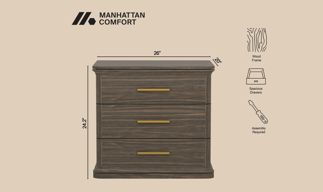Manhattan Comfort Clifford Wooden Nightstand With Three Drawers- Jennifer Furniture