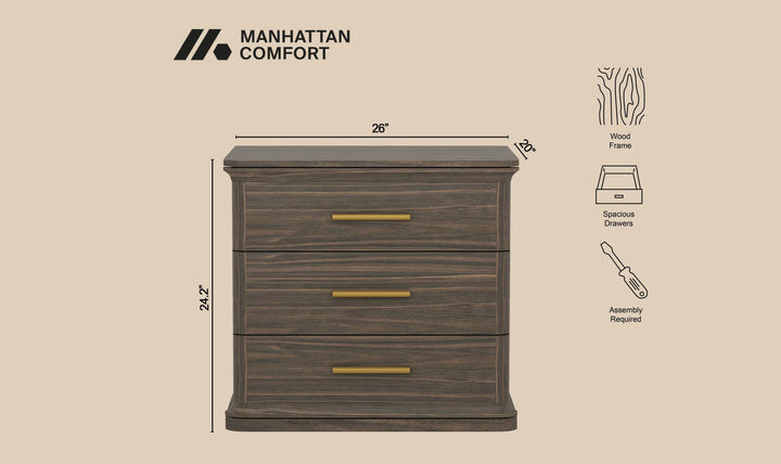 Manhattan Comfort Clifford Wooden Nightstand With Three Drawers- Jennifer Furniture